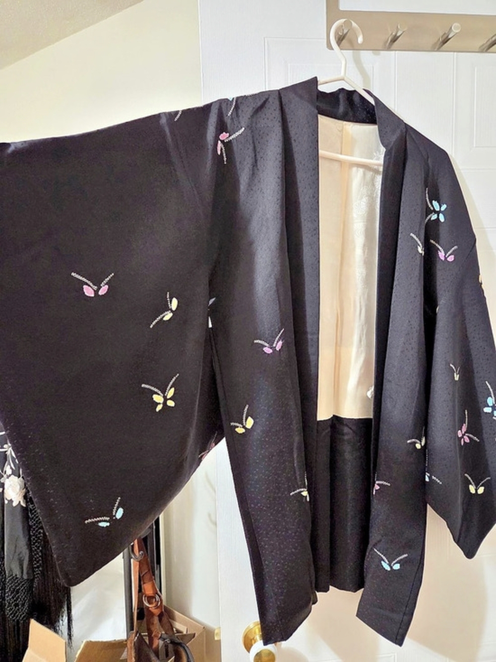 Vintage Japanese Black Silk Haori – Pastel Shibori Butterflies – 100% Silk